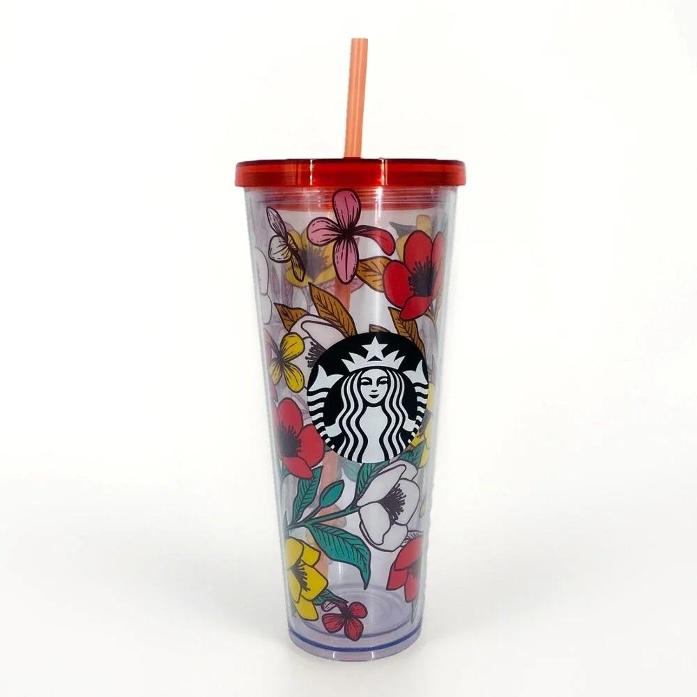 Rare Starbucks Poppy Flowers 24oz Acrylic Cold Cup Tumbler Red Lid & Straw